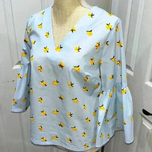 Banana Republic Lemon Print V- neck, cotton blouse with bell sleeves